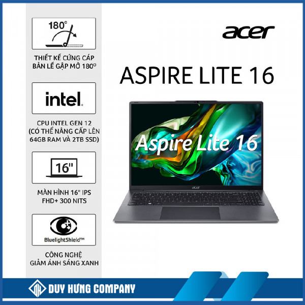 Laptop Acer Aspire Lite AL16-51P-55N7 NX.KX0SV.001 (Intel Core i5-1235U | 16GB | 512GB | Intel HD | 16 inch WUXGA | Win 11 | Xám)