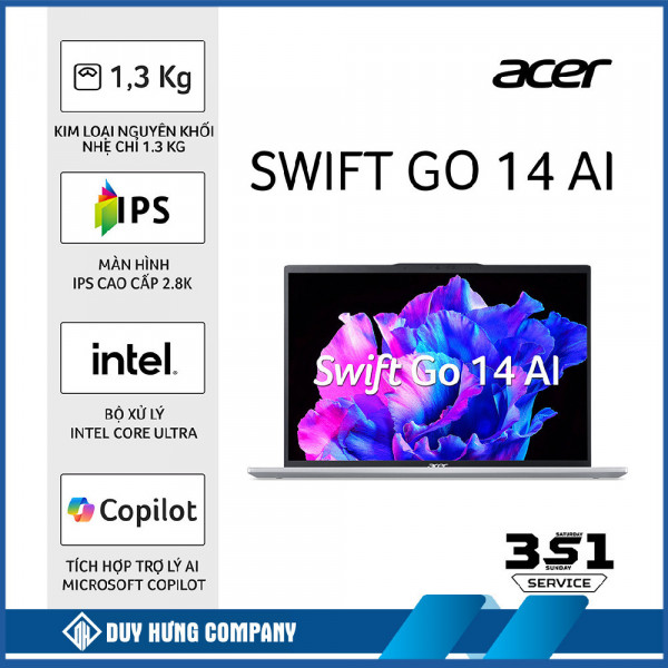 Laptop Acer Swift Go AI Gen 2 SFG14-73-53X7 (NX.KSLSV.001) (Ultra 5-125H/16GB RAM/512GB SSD/14.0 inch IPS 2.8K/Win11/Bạc/vỏ nhôm) (2024)