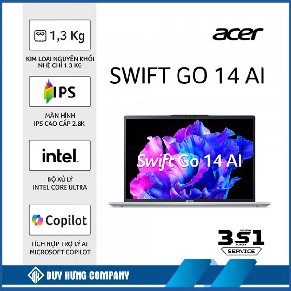 Laptop Acer Swift Go AI Gen 2 SFG14-73-71ZX (NX.KSLSV.002) (Ultra 7-155H/16GB RAM/512GB SSD/14.0 inch IPS 2.8K/Win11/Bạc/vỏ nhôm) (2024)