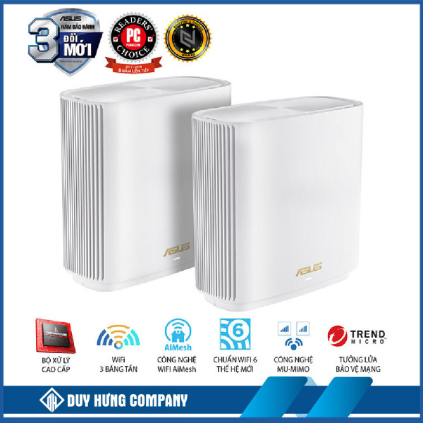 Bộ Mesh Wifi ASUS XT8 (W-2-PK) ZenWiFi 6 Chuẩn AX6600, 3 băng tần, AiProtection, Parental Control