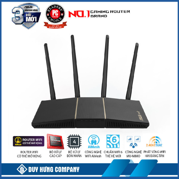 Bộ phát wifi 6 Asus RT-AX57 (Chuẩn AX/ AX3000Mbps/ 4 Ăng-ten ngoài/ Wifi Mesh/ 45User)