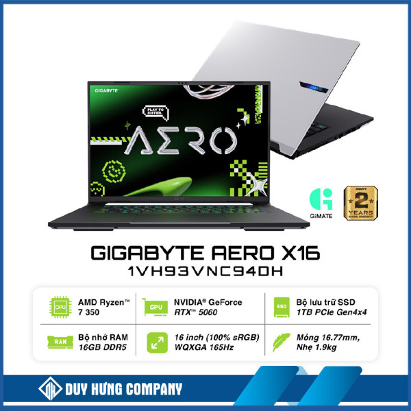 Laptop Gigabyte AERO X16 1VH93VNC94DH (AMD Ryzen AI 7 350 | RTX 5060 8GB GDDR7 | 16 inch WQXGA | 16GB | 1TB | Windows 11 Home SL | Trắng)