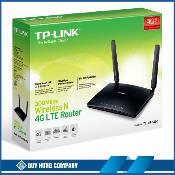 Bộ phát wifi 4G TP-Link TL-MR6400 (Chuẩn N/ 300Mbps/ 2 Ăng-ten ngoài/ Khe Sim 4G/ 25 User)