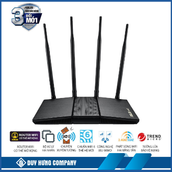 Bộ phát wifi 6 Asus RT-AX1800HP MU-MIMO (Chuẩn AX/ AX1800Mbps/ 4 Ăng-ten ngoài/ Wifi Mesh/ 35 User)