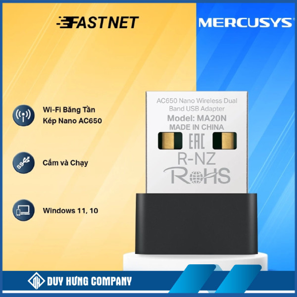 Cạc mạng không dây Mercusys USB MA20N (Chuẩn AC/ AC650Mbps/ Ăng-ten ngầm)